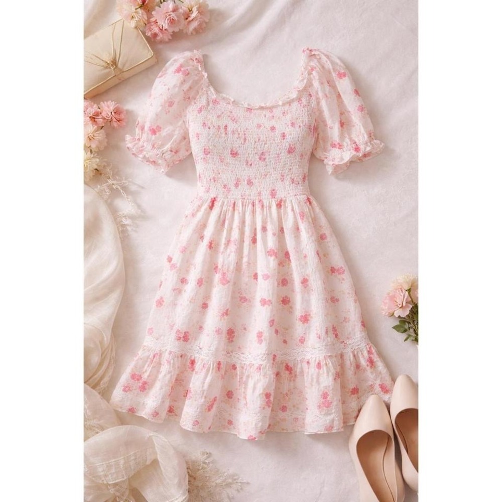 LoveShackFancy Fairycore Prairie Smocked Mini Dress Pink White Puff Sleeve S‎